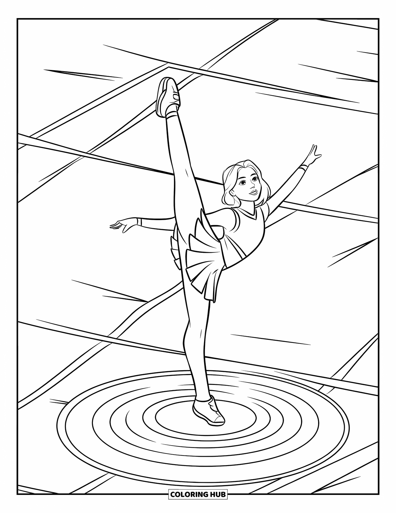 Cheer Coloring Page for Kids: Cheerleader performing a high kick on a practice mat with focus lines