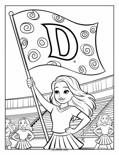 Målarbild med hejarklack för barn: Hejarklacksledare som vinkar med en "D"-flagga med lagkamrater på ett stadion