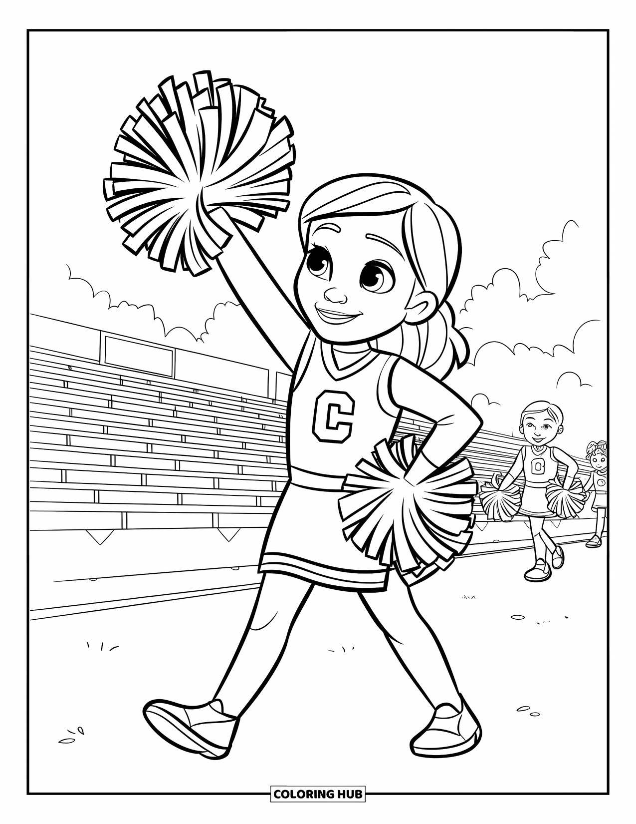 Cheer Coloring Page for Kids: Cheerleader with letter "C" uniform waving a pom-pom in a stadium