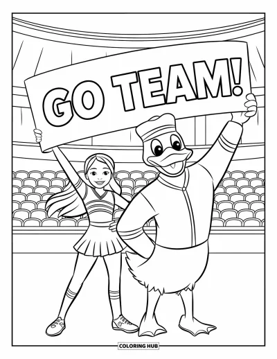 Målarbild med hejarklack för barn: Hejarklacksledare med långt hår och andmaskot som håller en stor "Go Team!"-banderoll