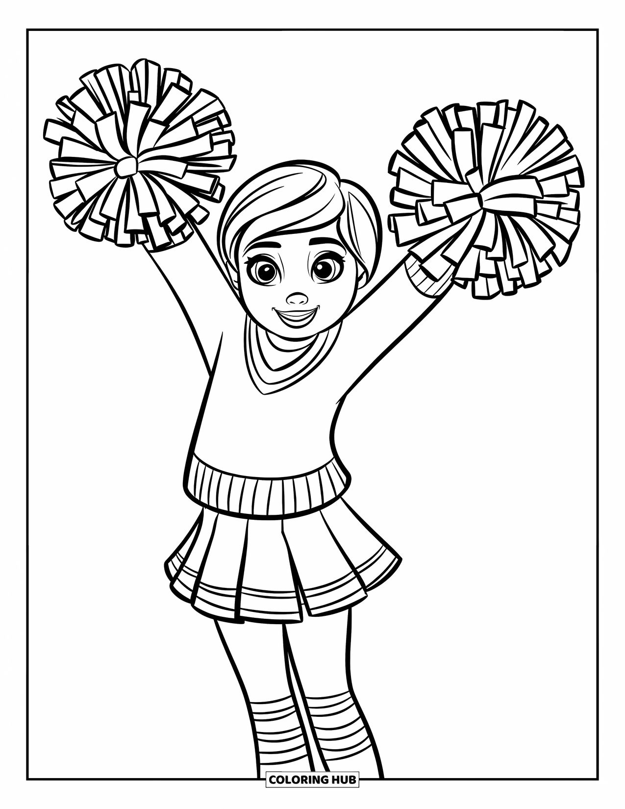 Cheer Coloring Page for Kids: Cheerleader with striped sweater and skirt raising pom-poms high