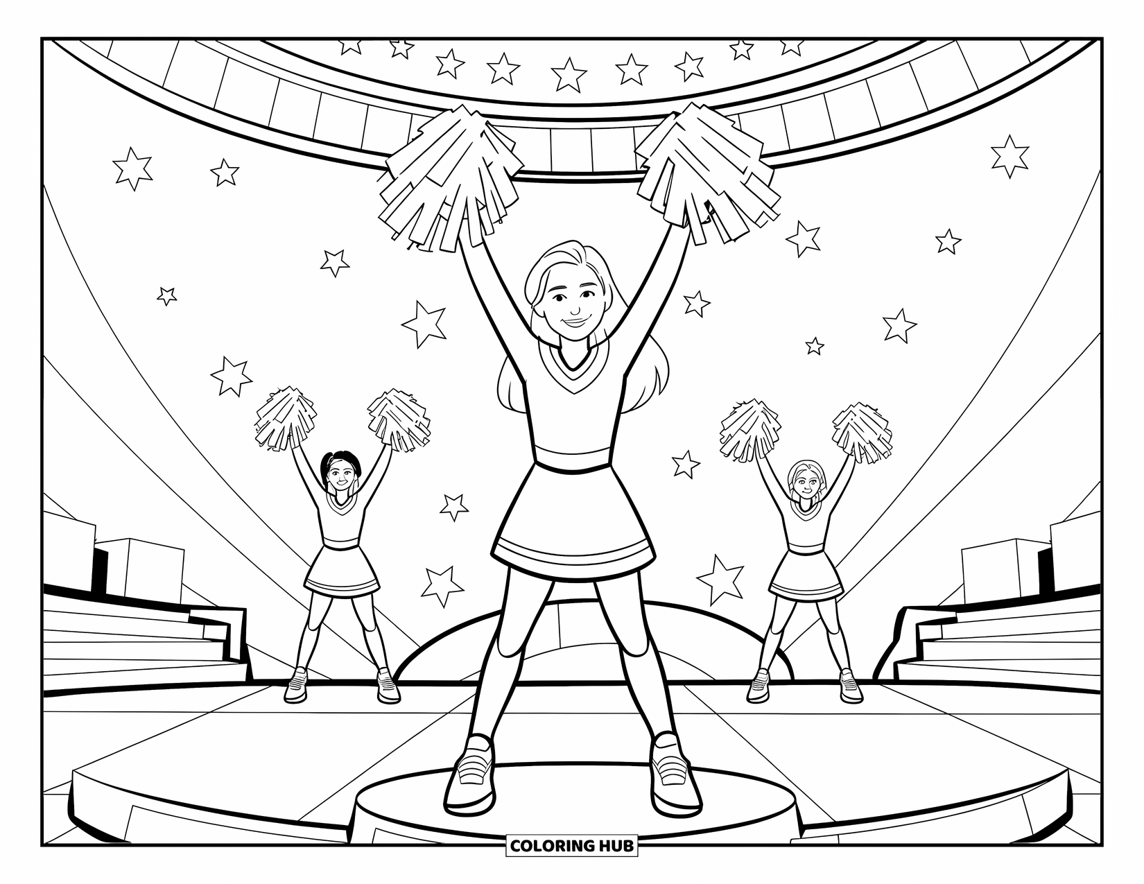 Cheer Coloring Page for Kids: Cheerleaders on a big stage with stars and buildings behind them