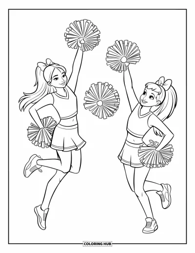 Målarbild med hejarklack för barn: Hejarklacksledare som kastar pompoms, en hoppar och en står mot en enkel bakgrund