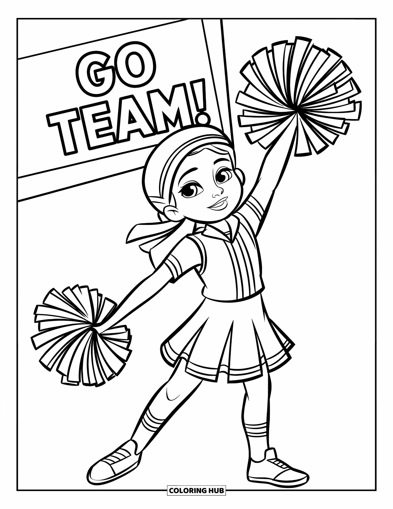 Cheer Coloring Page for Kids: Child cheerleader marching while waving a pom-pom near a "Go Team!" banner