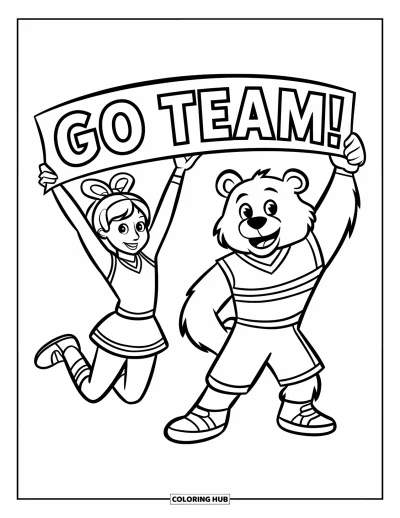 Målarbild med hejarklack för barn: Hoppande hejarklacksledare med björnmaskot som håller en "Go Team!"-banderoll tillsammans