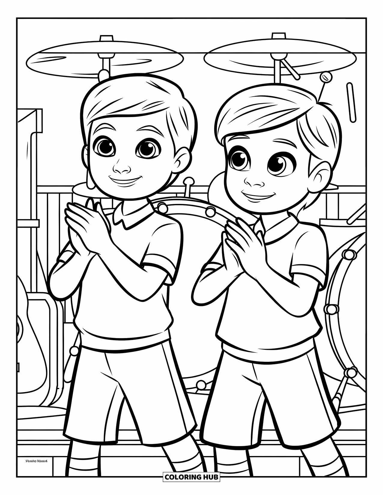 Cheer Coloring Page for Kids: Kids in uniforms clapping on a stage surrounded by musical instruments