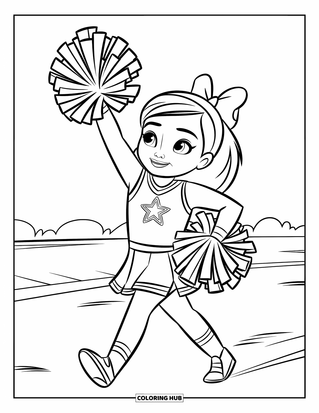 Cheer Coloring Page for Kids: Marching child cheerleader with star-pattern outfit waving a pom-pom