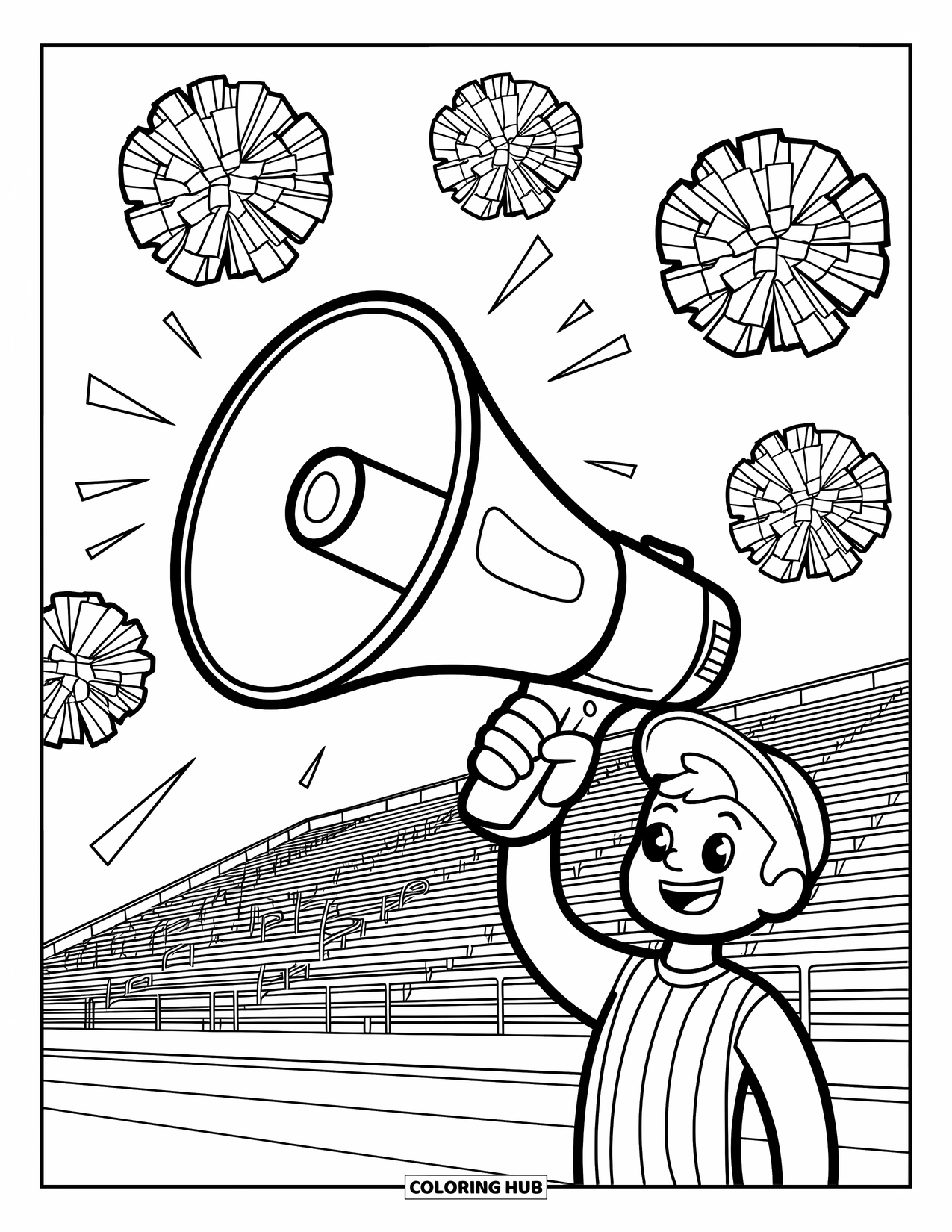 Cheer Coloring Page for Kids: Megaphone with floating pom-poms held by a character in a striped shirt