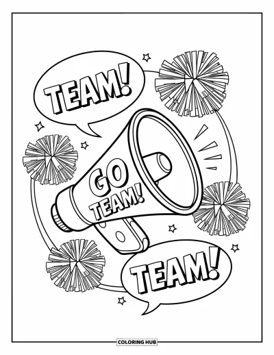 Målarbild med hejarklack för barn: Megafon med "Go Team!" och pompoms som svävar i närheten