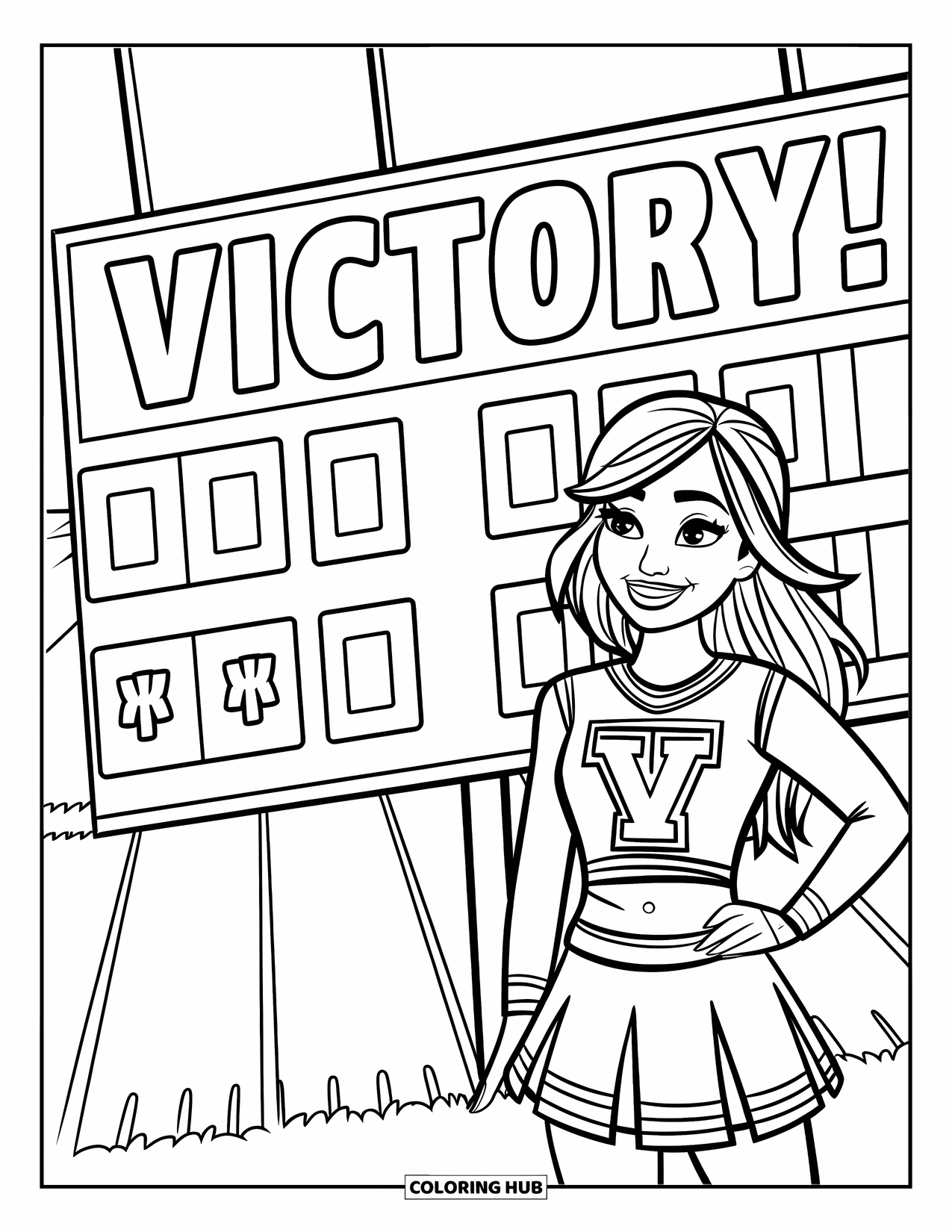 Cheer Coloring Page for Kids: Smiling cheerleader with long hair standing by a "Victory!" scoreboard on a field