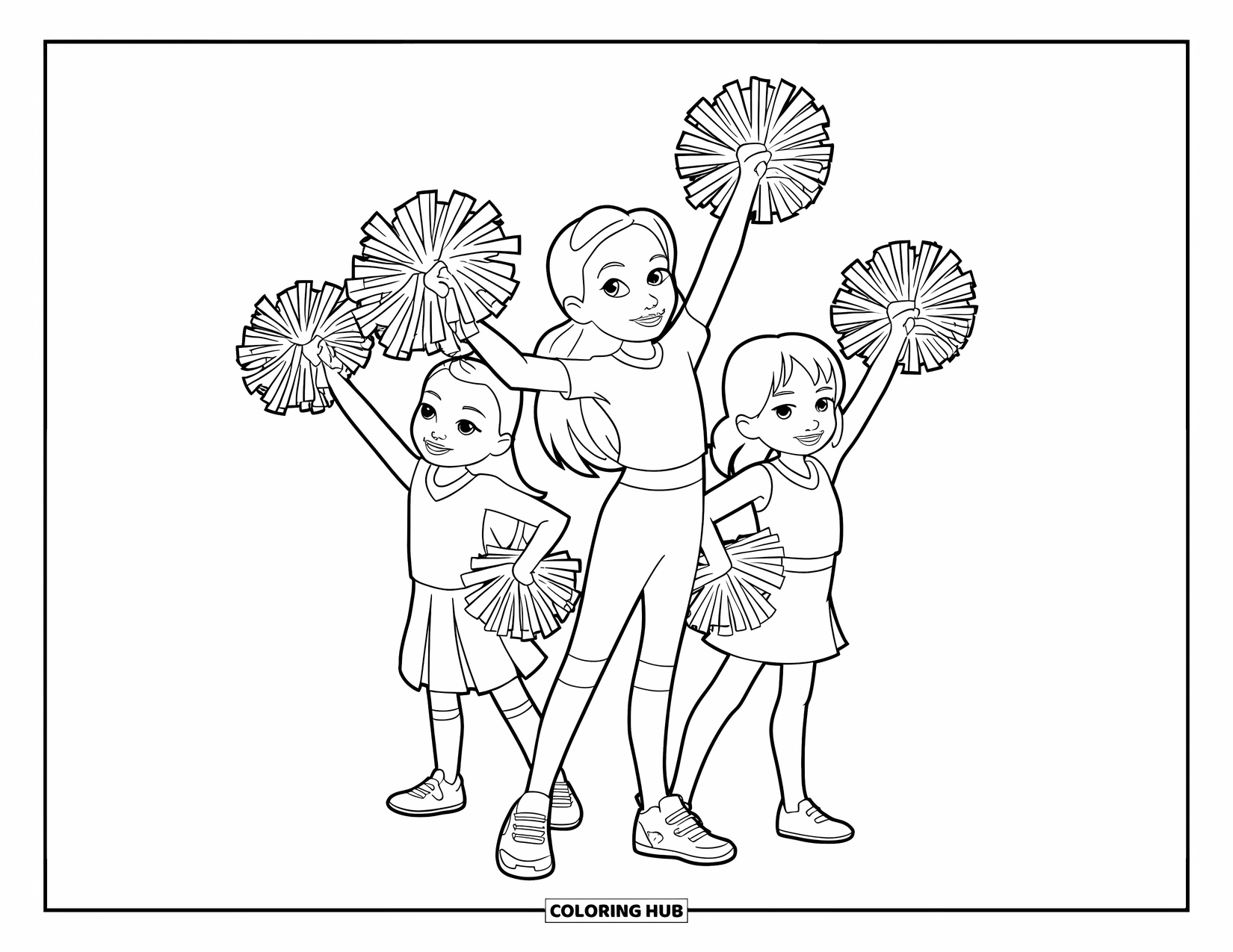 Cheer Coloring Page for Kids: Three kids in a cheer pose with pom-poms in the air