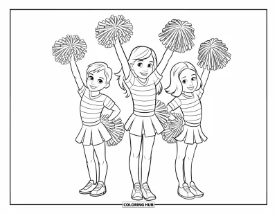Målarbild med hejarklack för barn: Tre barn i uniformer som håller pompoms och poserar tillsammans