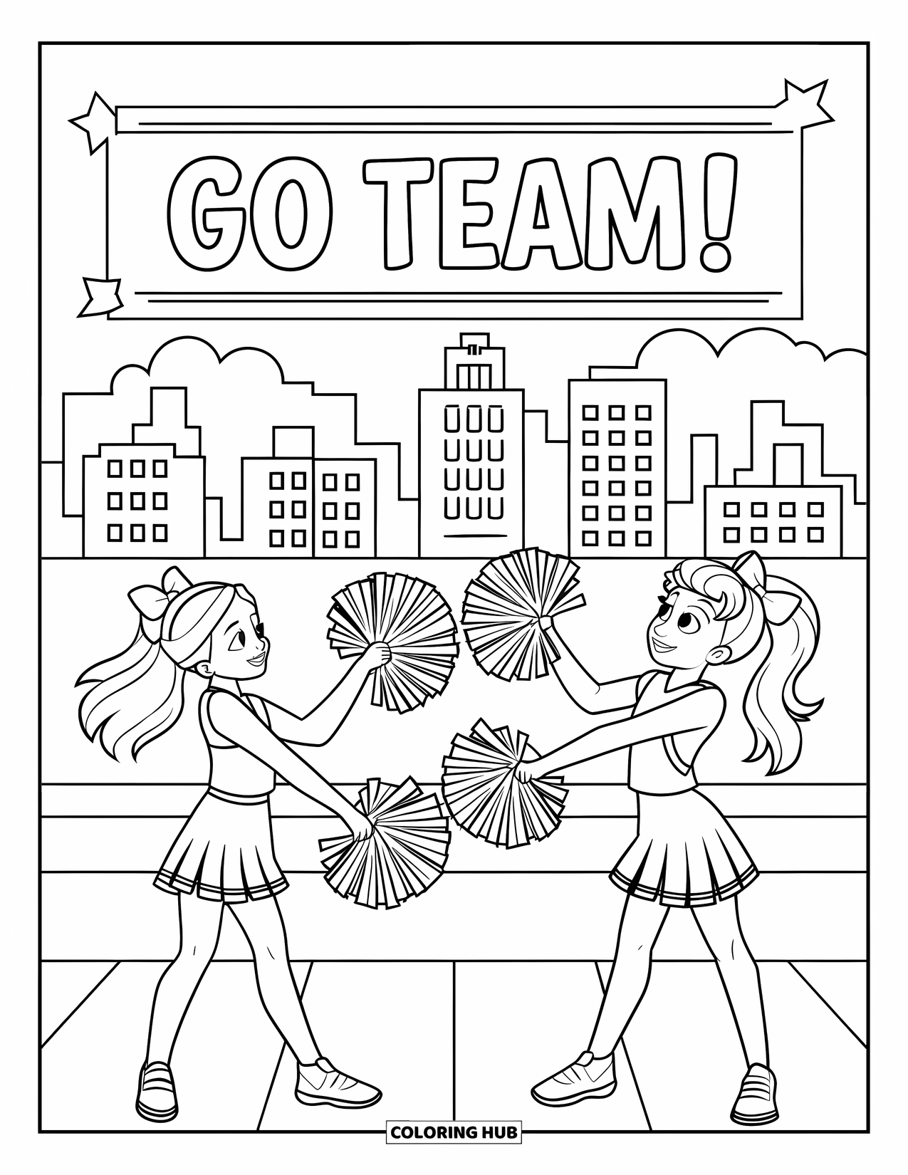 Cheer Coloring Page for Kids: Two cheerleaders tossing pom-poms on stage with a city skyline backdrop