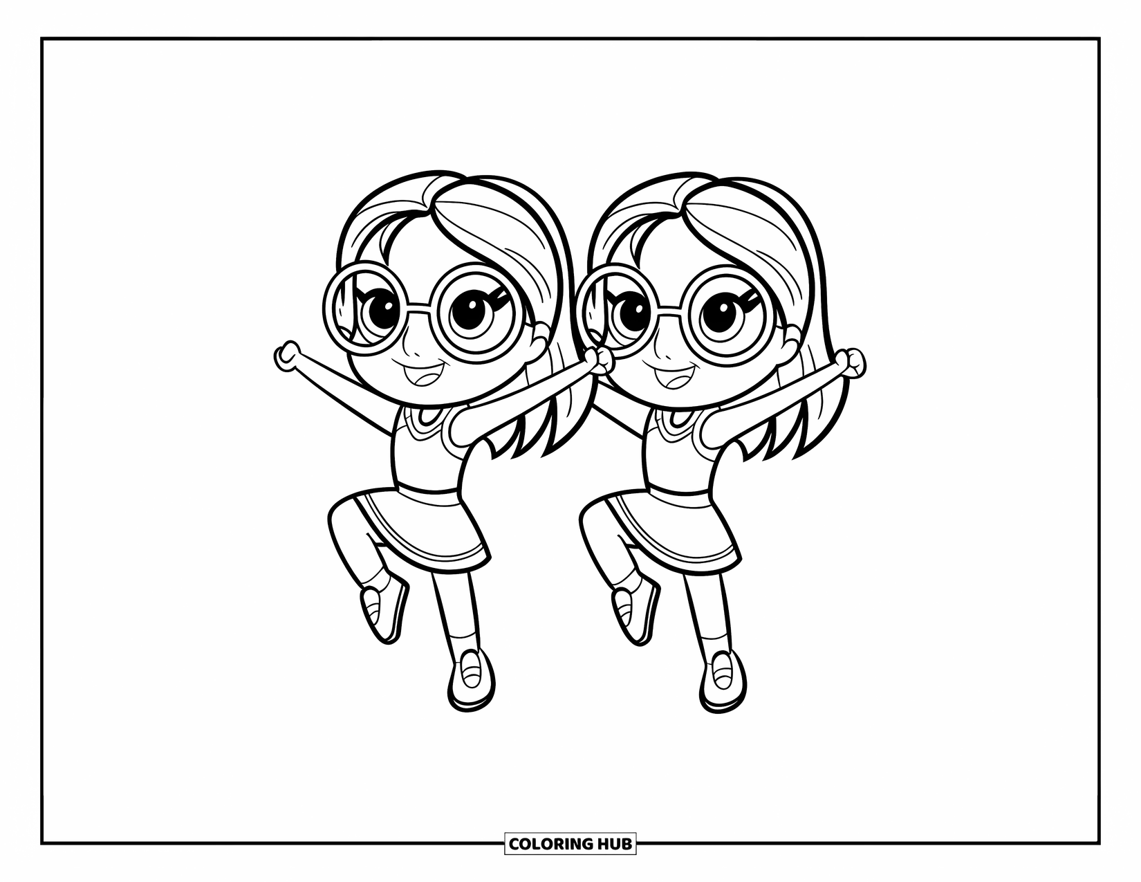 Cheer Coloring Page for Kids: Two cheerleaders with glasses posing together in matching outfits