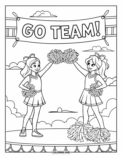 Målarbild med hejarklack för barn: Två unga hejarklacksledare som kastar pompoms på scen under en "Go Team!"-banderoll
