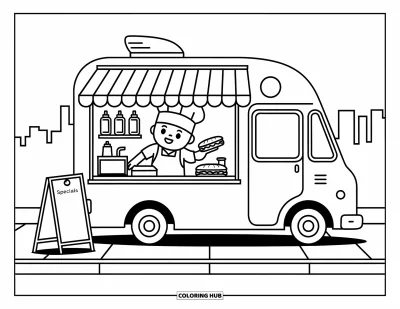 Desen de colorat cu bucătari pentru adulți: Un bucătar vesel înmânează un sandwich pe fereastra unui food truck