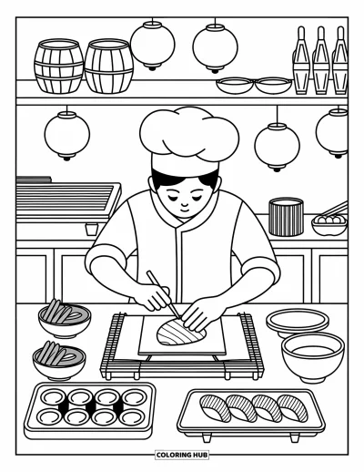 Desen de colorat cu bucătari pentru adulți: Un bucătar modelează rulouri de sushi la un blat luminat de felinare