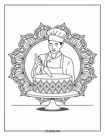 Desen de colorat cu bucătari pentru adulți: Un bucătar glasează un tort cu modele ornamentale de mandale în jur