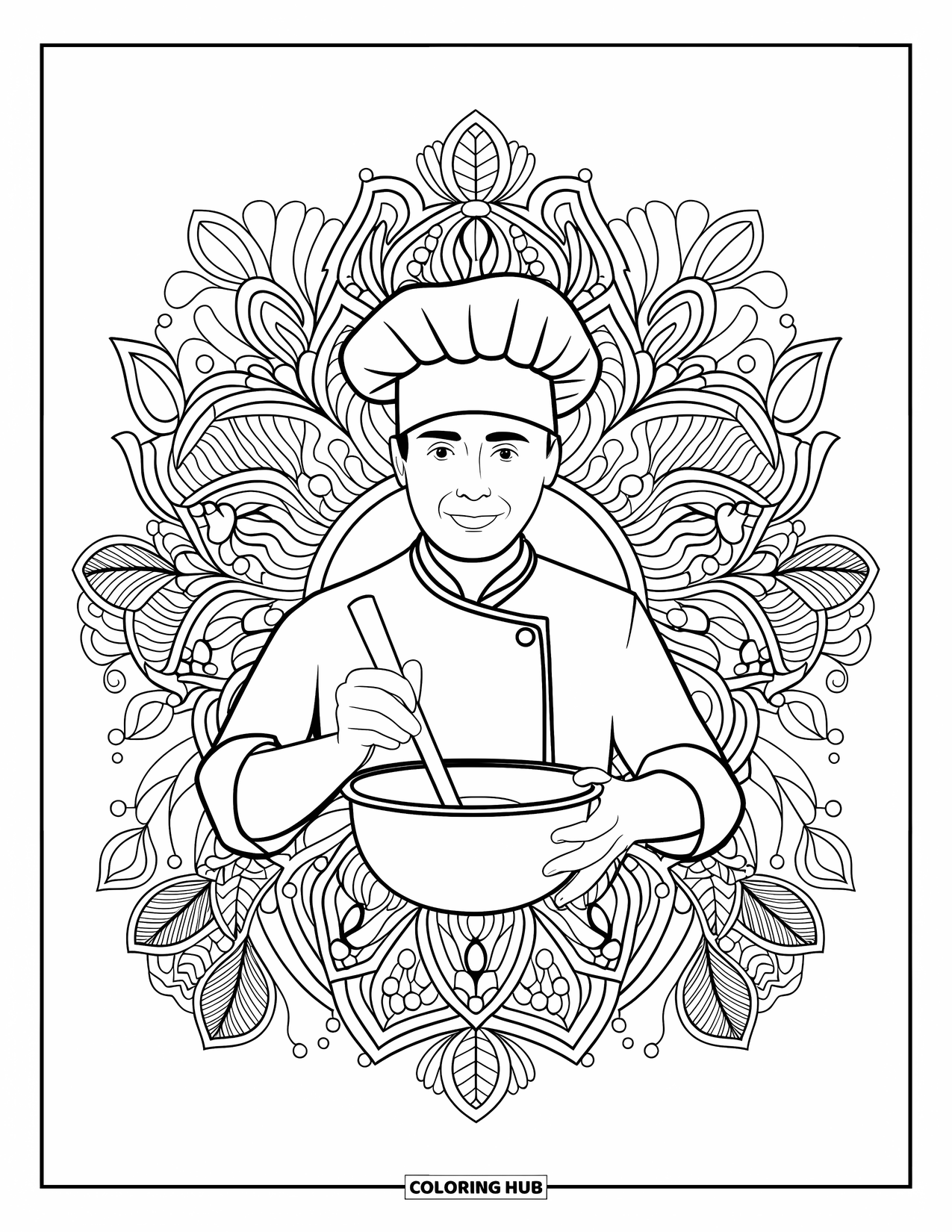 Chef Coloring Page for Adults: A chef holds a mixing bowl surrounded by botanical mandalas