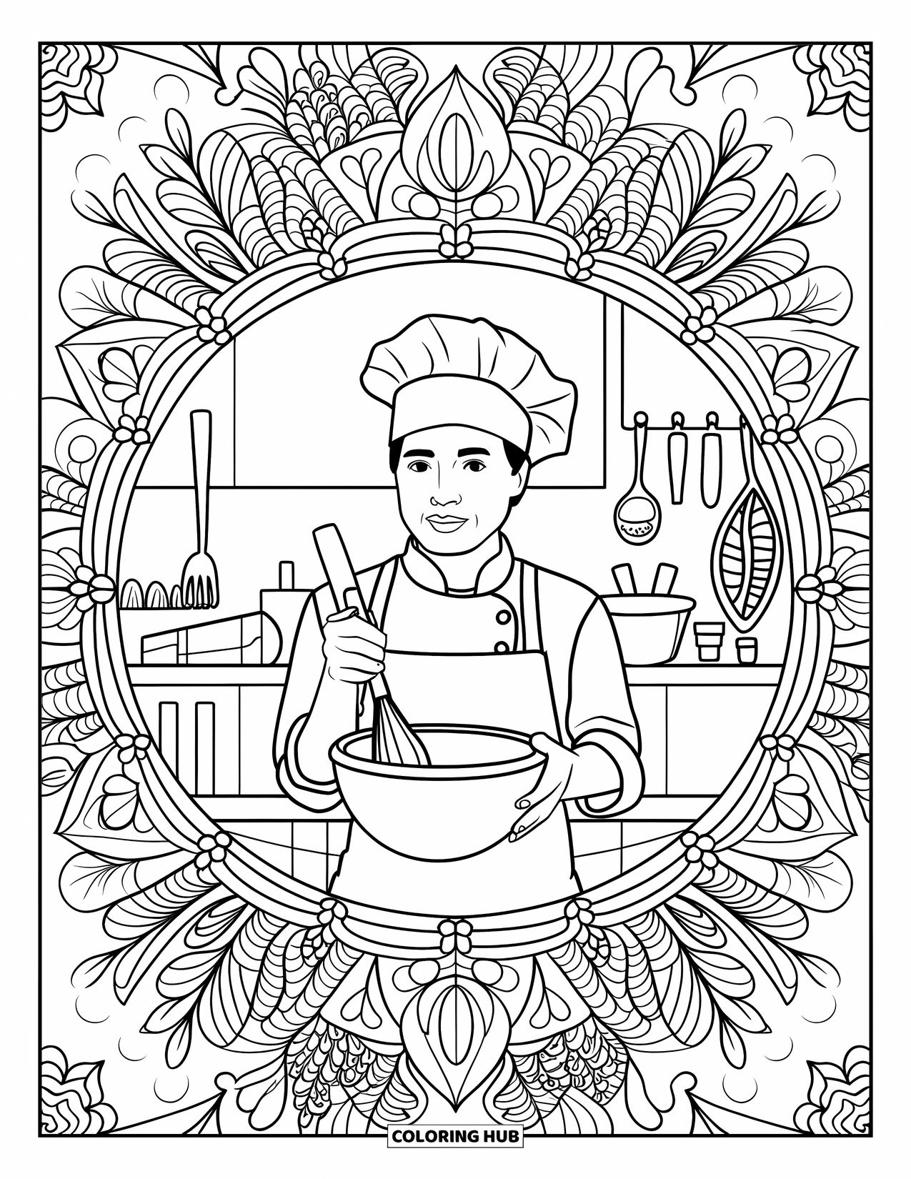 Chef Coloring Page for Adults: A chef holds a mixing bowl surrounded by flowers and leaves