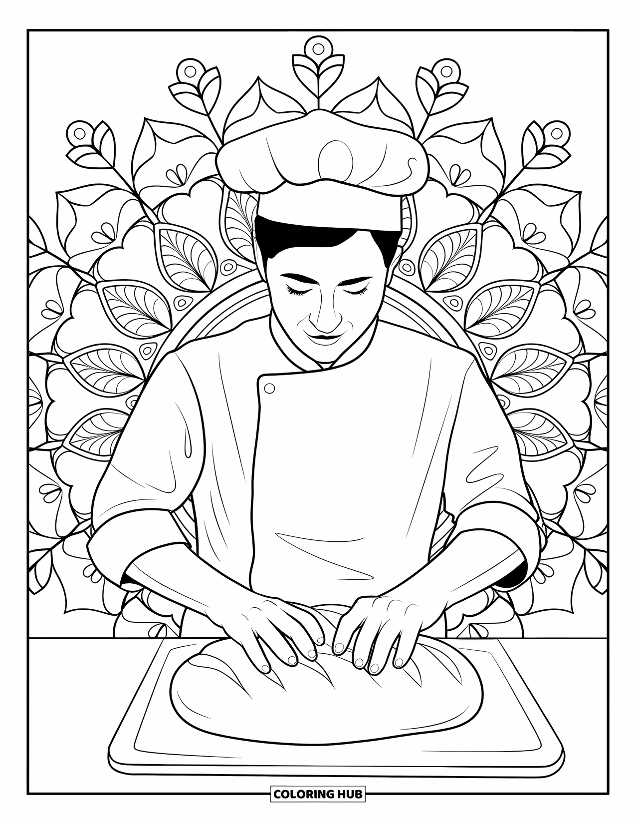 Chef Coloring Page for Adults: A chef kneads dough on a board with floral mandalas behind