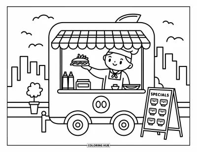 Desen de colorat cu bucătari pentru adulți: Un bucătar oferă un sandwich dintr-un food truck primitor cu un panou de meniu