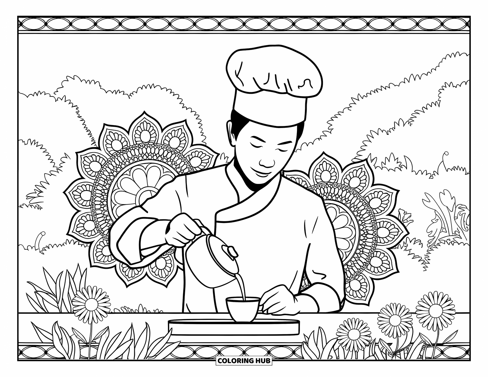 Chef Coloring Page for Adults: A chef pours tea surrounded by blooming floral mandalas