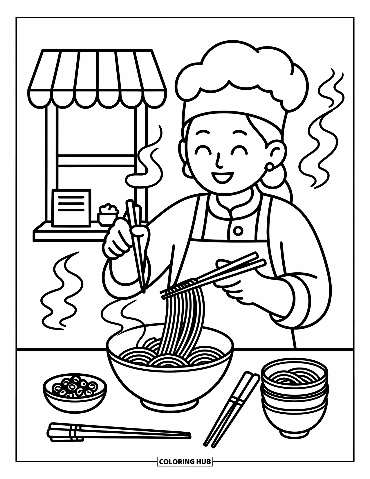 Chef Coloring Page for Adults: A chef serves steaming noodles with chopsticks in a cozy ramen shop