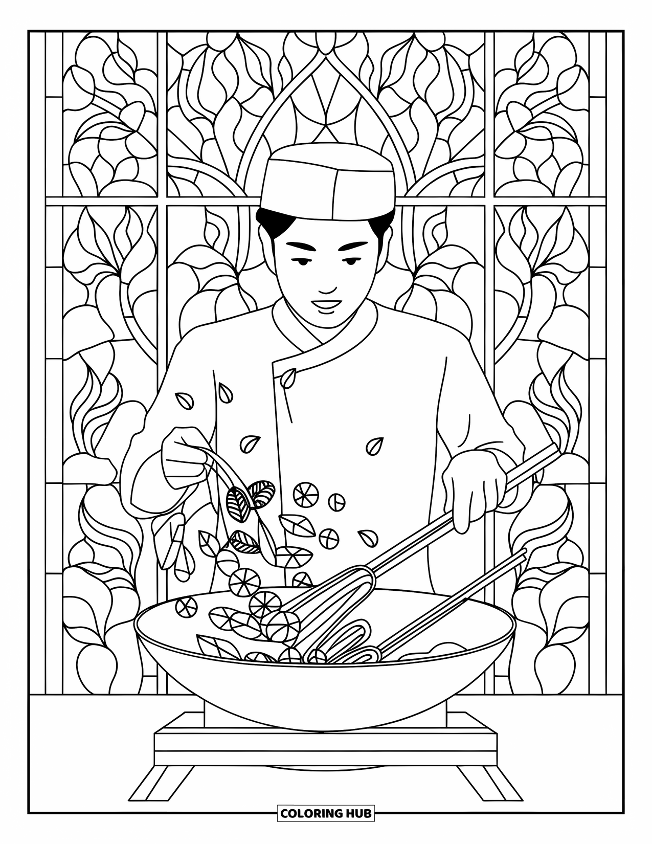 Chef Coloring Page for Adults: A chef tosses vegetables in a wok with stained glass patterns behind