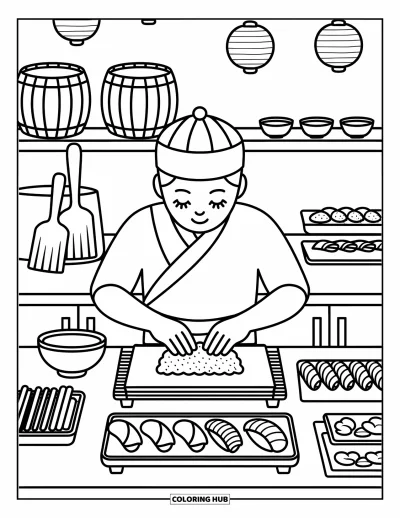 Desen de colorat cu bucătari pentru adulți: Un bucătar concentrat pregătește sushi cu castravete, avocado și felii de pește