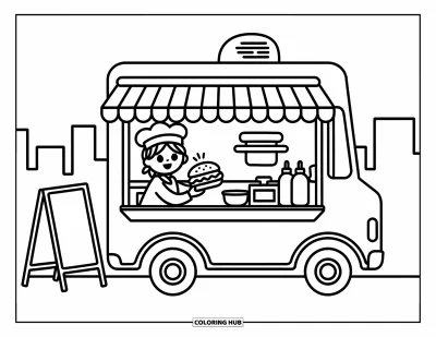 Desen de colorat cu bucătari pentru adulți: Un bucătar de food truck se apleacă pe fereastră ținând un sandwich învelit