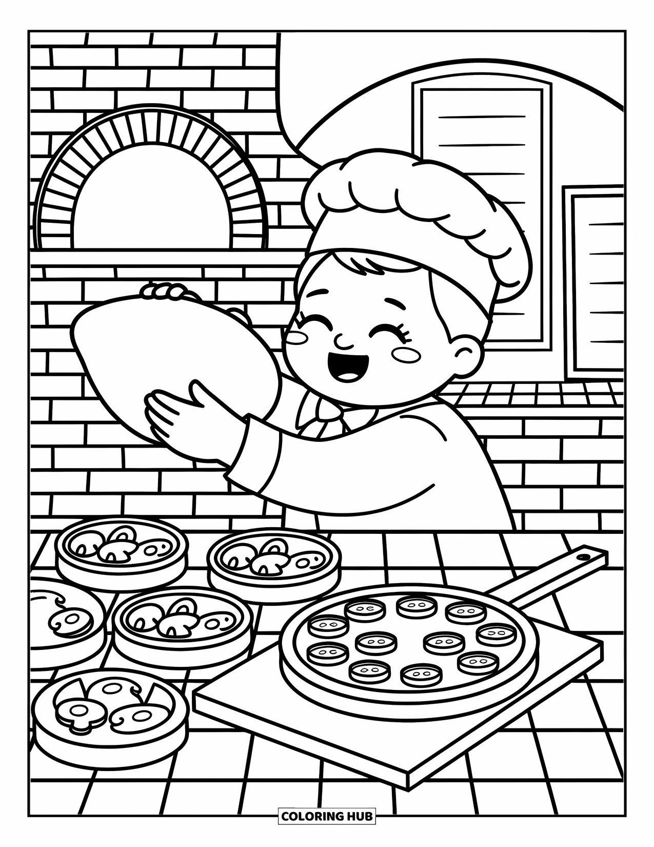 Chef Coloring Page for Adults: A pizza chef stretches dough above a counter of toppings
