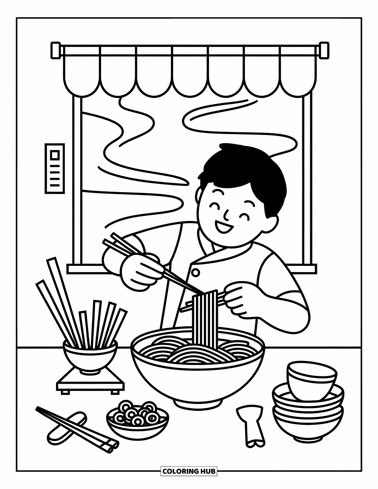Chef Coloring Page for Adults: A ramen chef arranges noodles in a bowl with steam rising