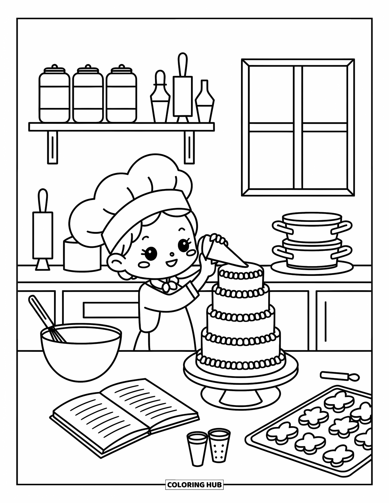 Chef Coloring Page for Adults: A small chef pipes icing onto a cake in a cozy kitchen