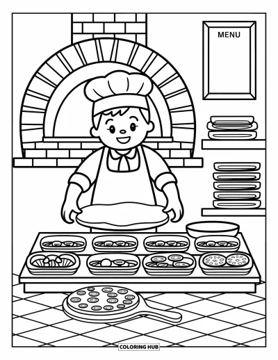 Desen de colorat cu bucătari pentru adulți: Un bucătar zâmbitor pregătește pizza lângă un cuptor din cărămidă și un panou cu meniu