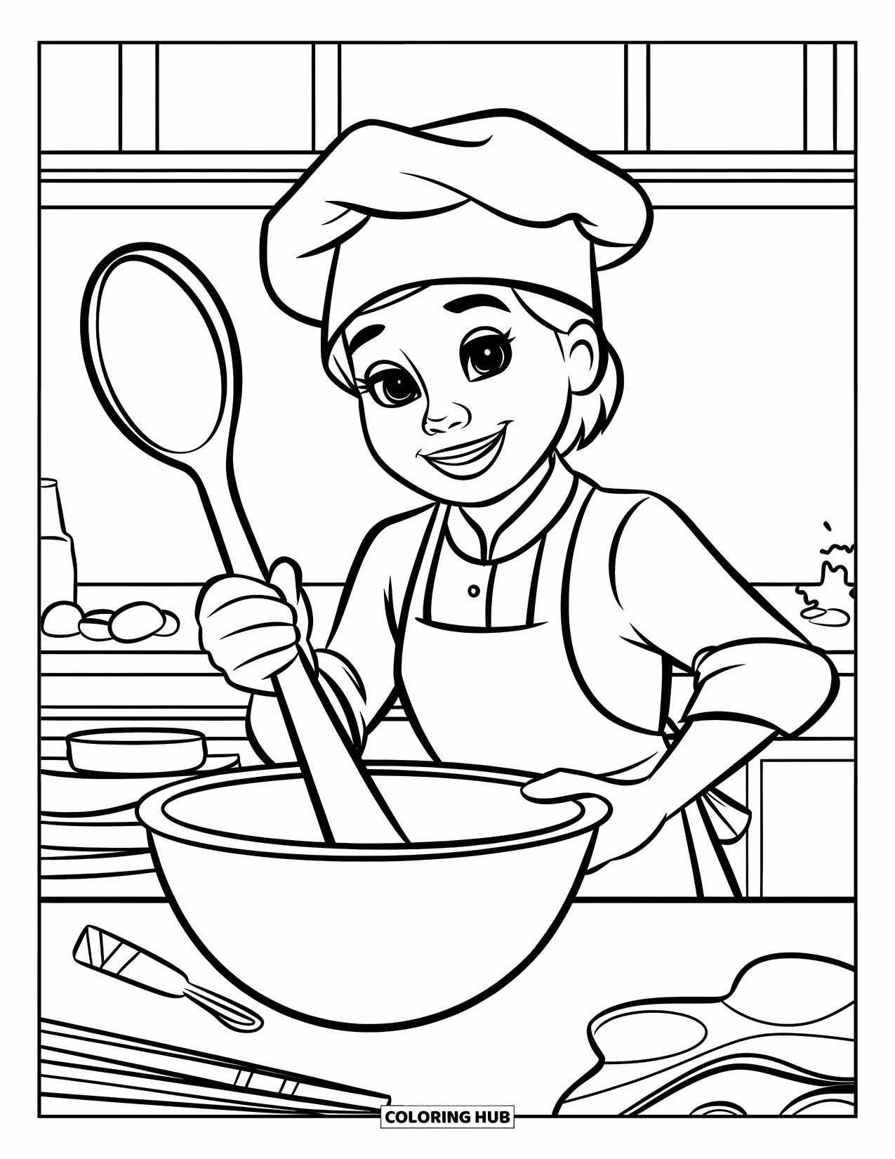 Chef Coloring Page for Kids: A cheerful chef stirs a bowl with a spoon and nearby utensils