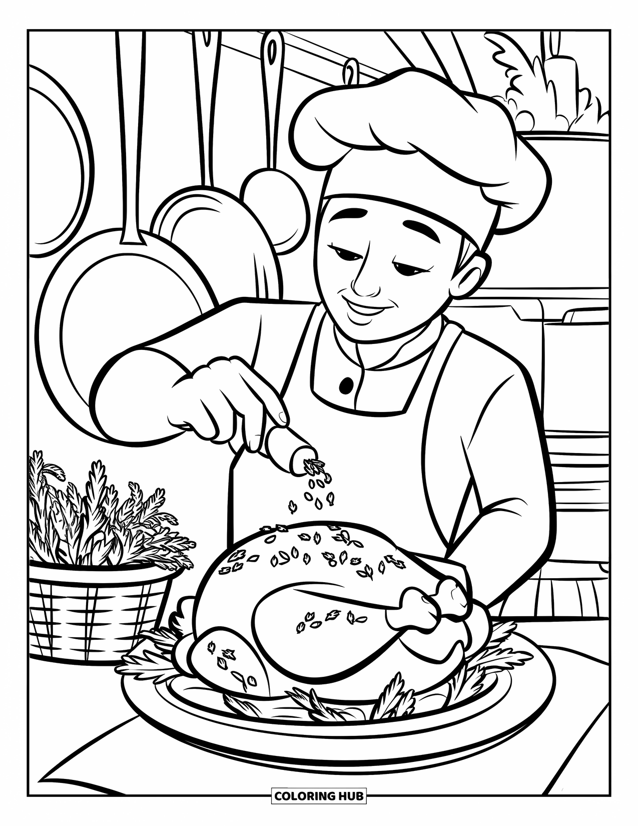 Chef Coloring Page for Kids: A chef adds herbs to chicken beside a basket of greens