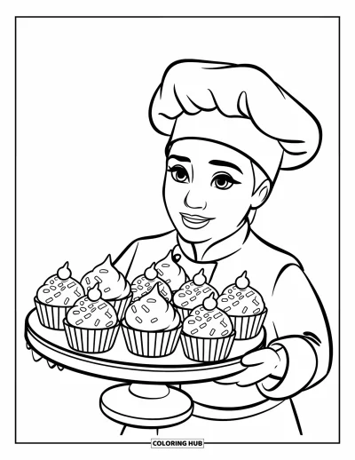 Desen de colorat cu bucătari pentru copii: Un bucătar cară o tavă de cupcakes pe un suport de lemn