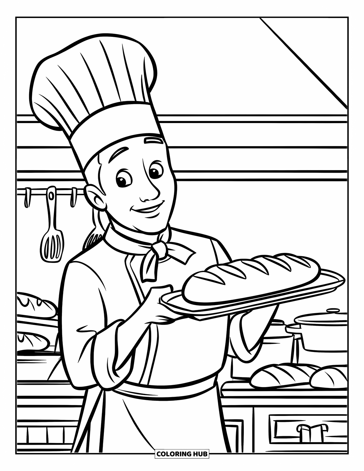 Chef Coloring Page for Kids: A chef carries bread with loaves on the counter nearby