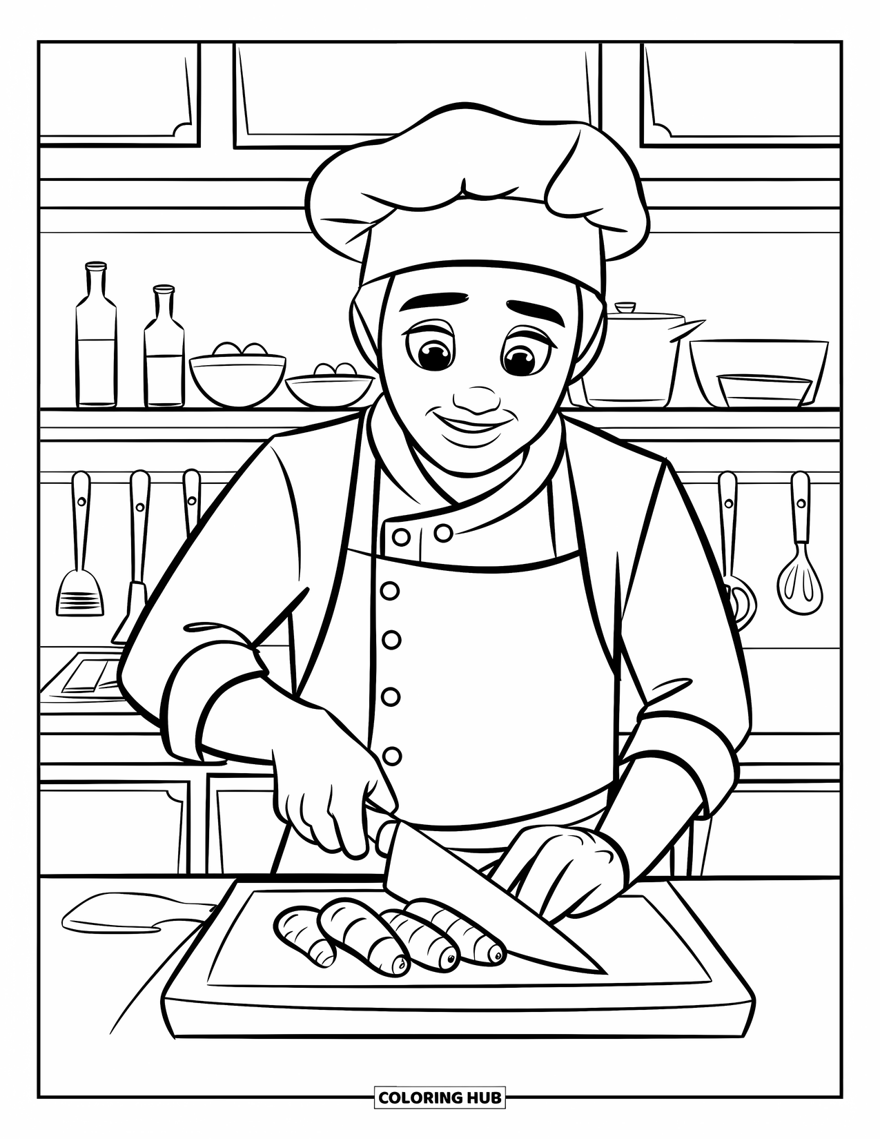 Chef Coloring Page for Kids: A chef chops carrots on a board with ingredients on shelves
