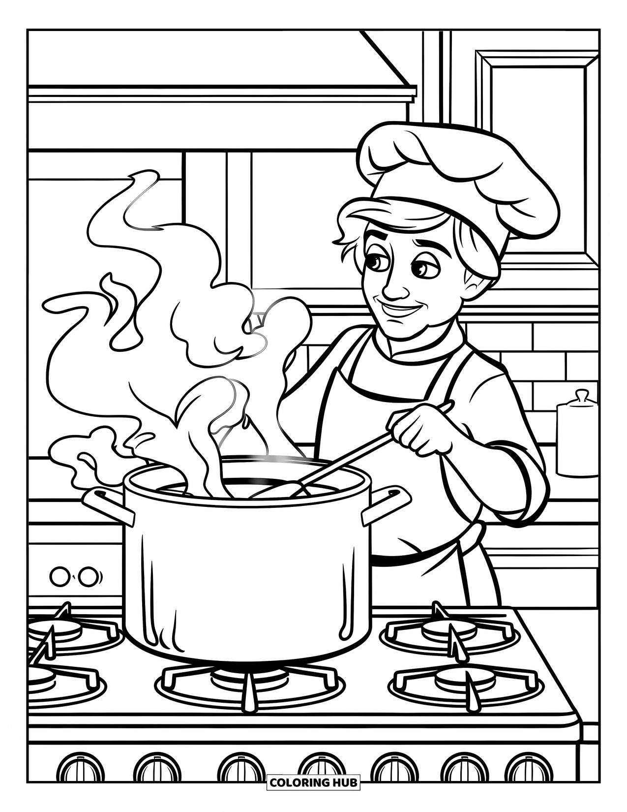 Chef Coloring Page for Kids: A chef cooks soup in a steaming pot on the stove