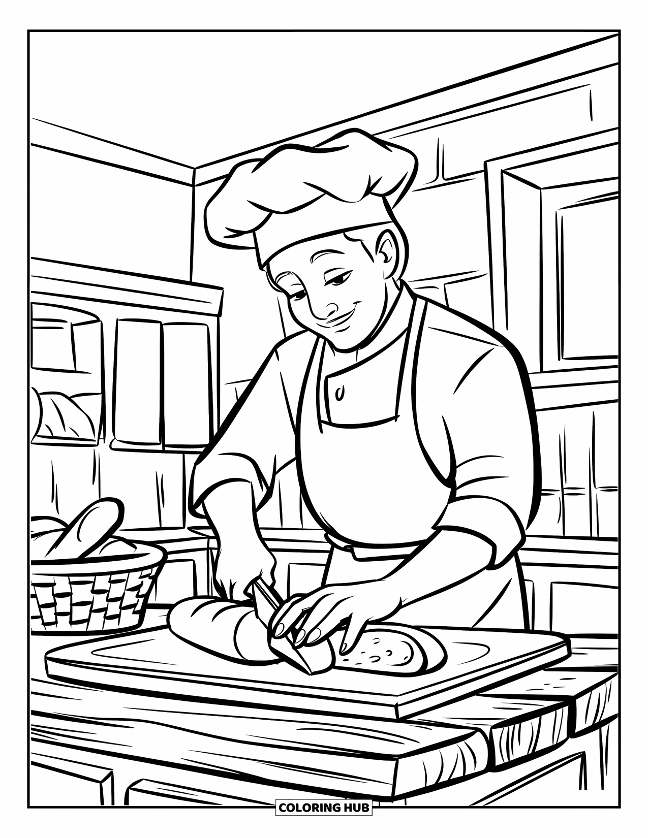 Chef Coloring Page for Kids: A chef cuts bread beside a basket on a wooden counter
