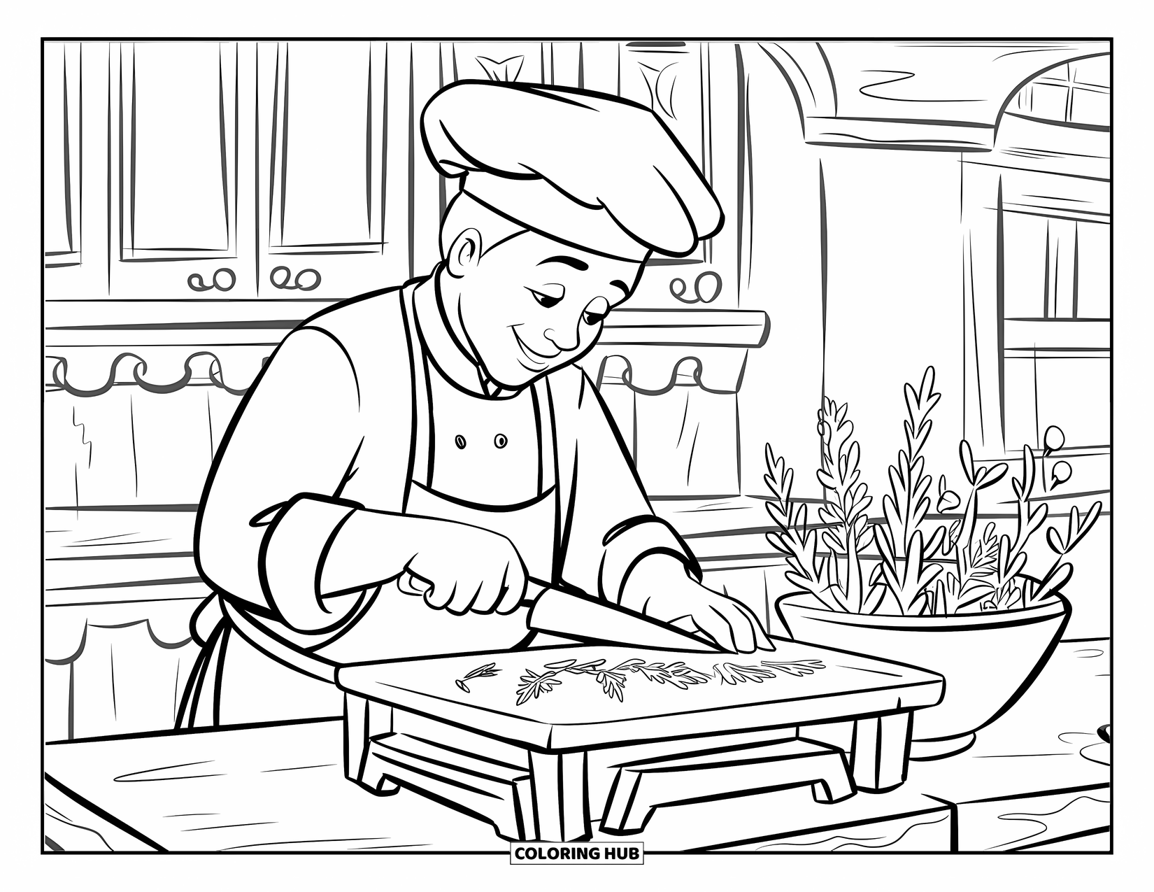 Chef Coloring Page for Kids: A chef cuts herbs on a board beside a small bowl
