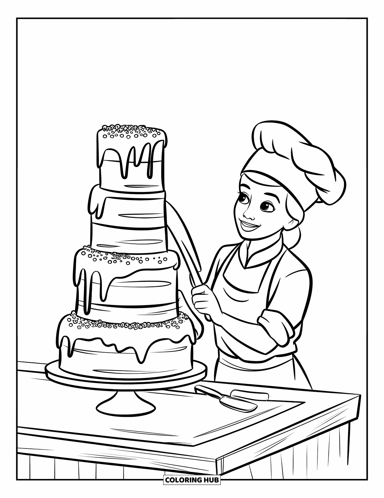 Chef Coloring Page for Kids: A chef frosts a smooth, layered cake on a clean counter