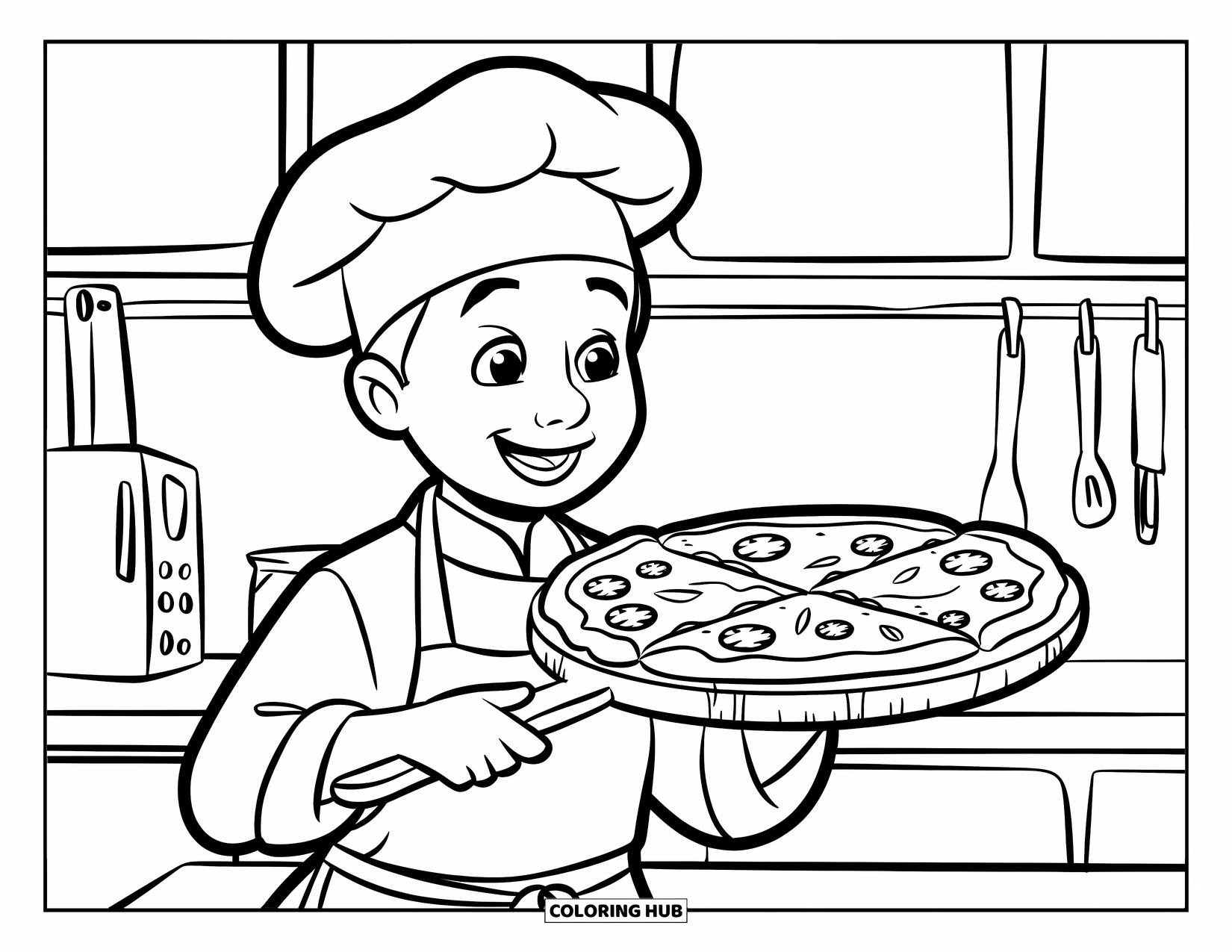 Chef Coloring Page for Kids: A chef holds a pizza on a wooden paddle in the kitchen