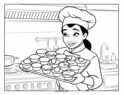 Desen de colorat cu bucătari pentru copii: Un bucătar ține o tavă de muffins în forme și mărimi diferite
