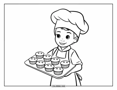 Desen de colorat cu bucătari pentru copii: Un bucătar pune o tavă de muffins pe jos