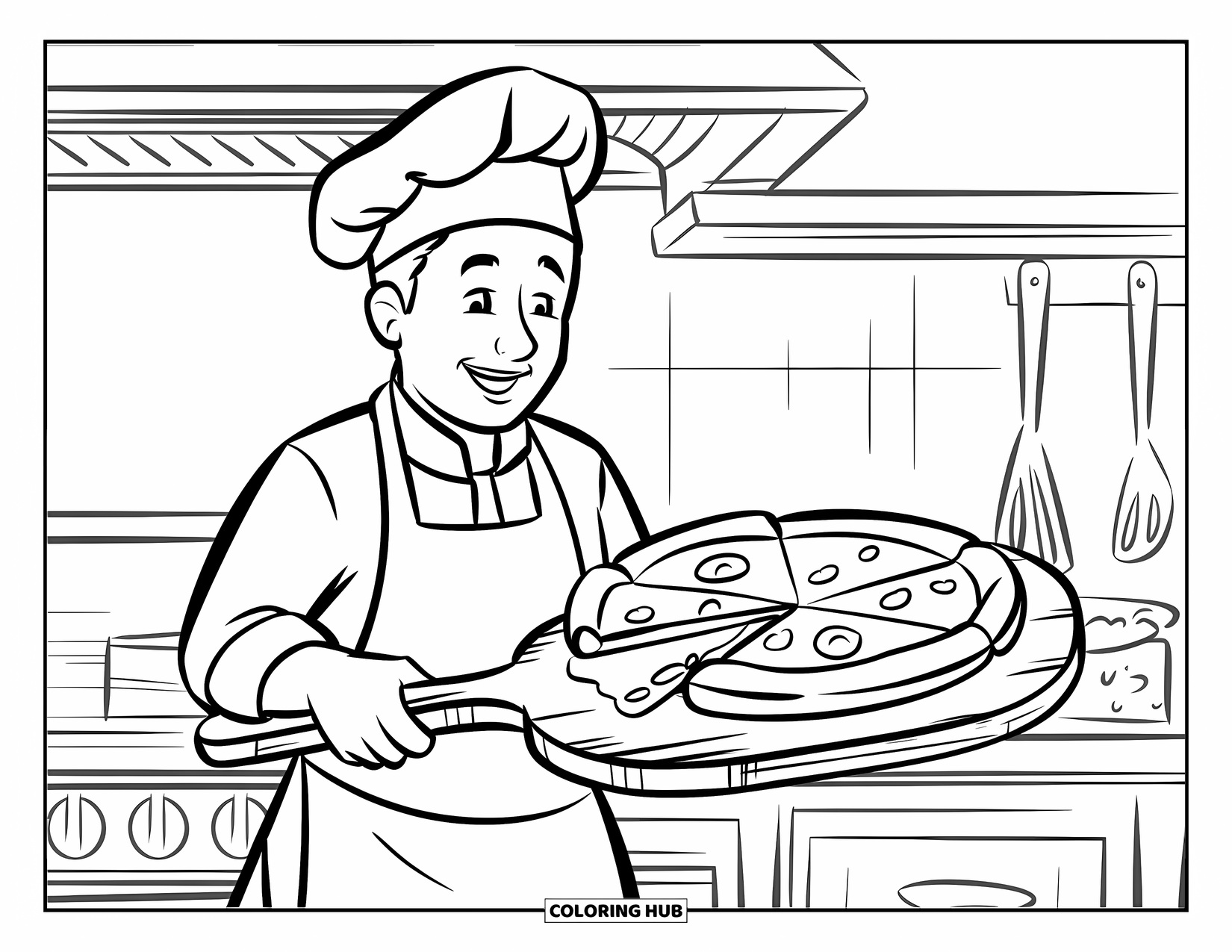 Chef Coloring Page for Kids: A chef presents a pizza on a paddle with slices missing
