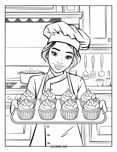 Desen de colorat cu bucătari pentru copii: Un bucătar prezintă o tavă cu șase cupcakes într-o bucătărie