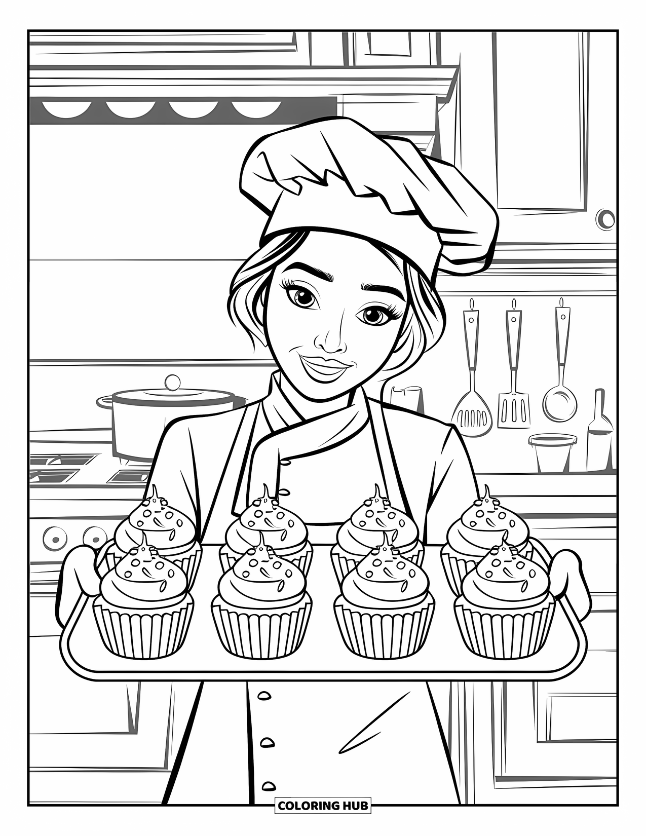 Chef Coloring Page for Kids: A chef presents a tray of six cupcakes in a kitchen